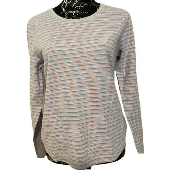 Striped‎ Long Sleeve Top, Grey Lavender Knit Crew Neck T-Shirt - Picture 1 of 4